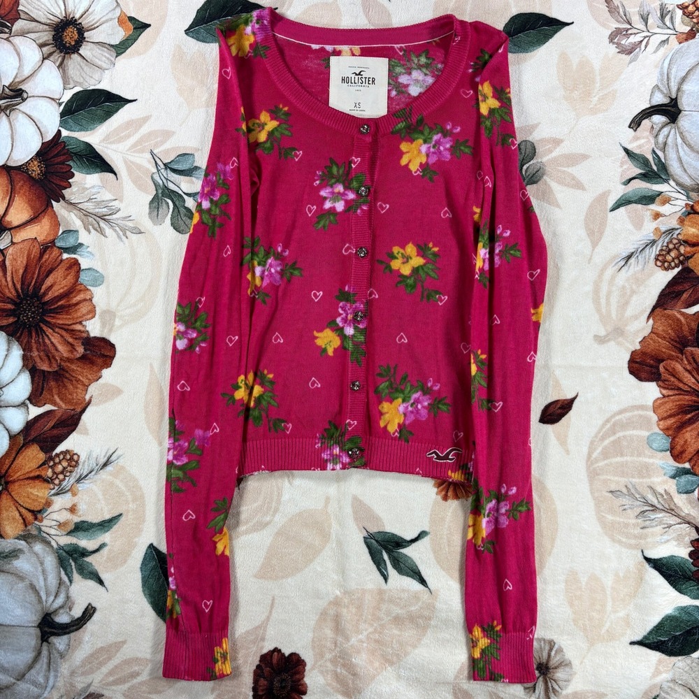 Vintage Y2K Hollister Floral Print Cropped Button Up Cardigan Pink Womens XS